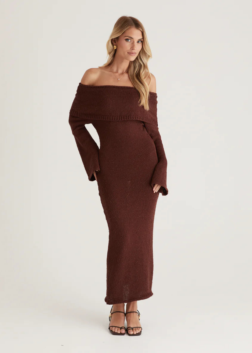 Sky Off Shoulder Knit Midi Dress - Chocolate