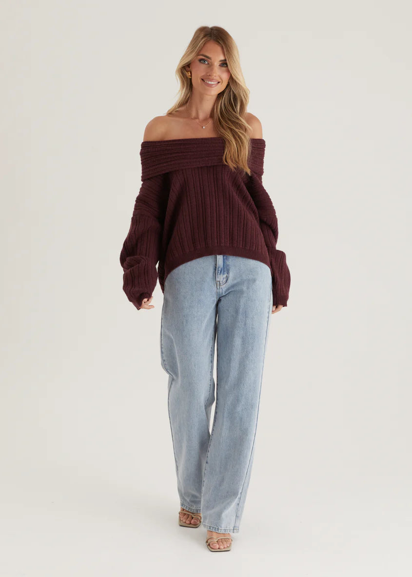 Shiloh Off Shoulder Sweater - Wine