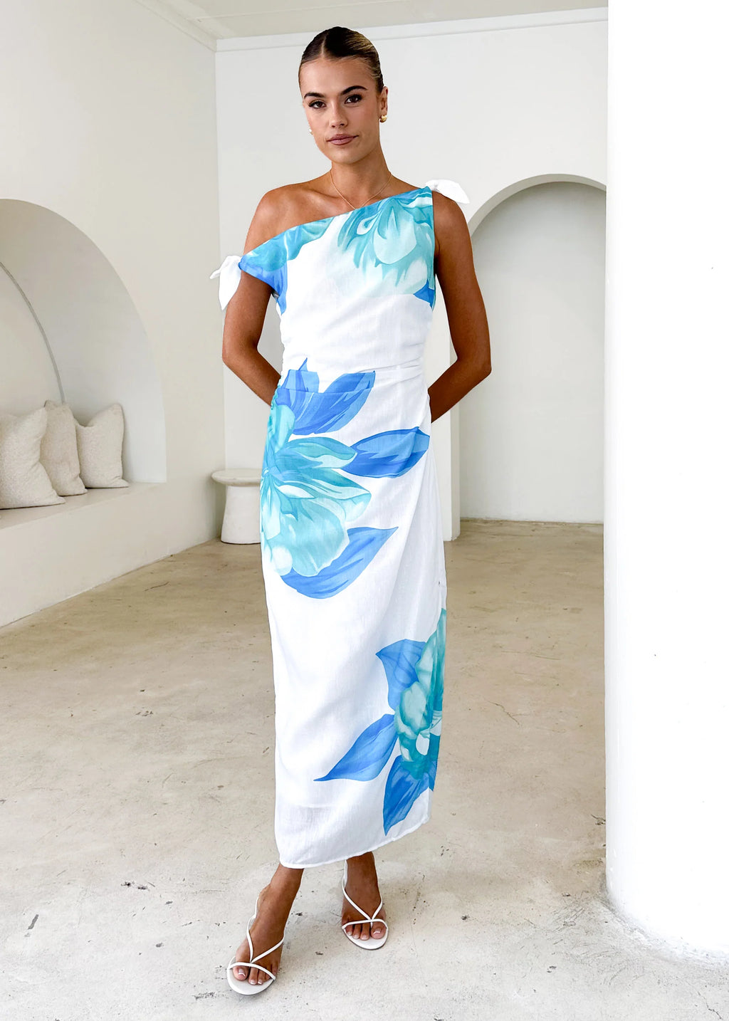 Dulcie One Shoulder Midi Dress - Blue Flowers