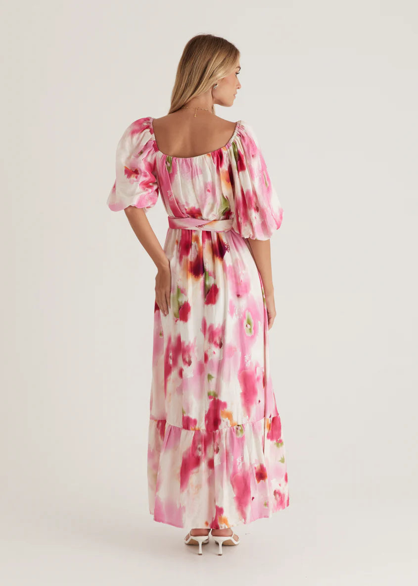 Halia Off Shoulder Midi Dress - Pink Watercolour