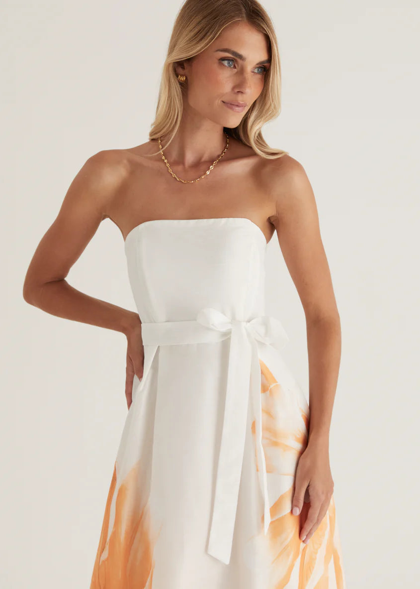 Naya Strapless Midi Dress - Peach Floral