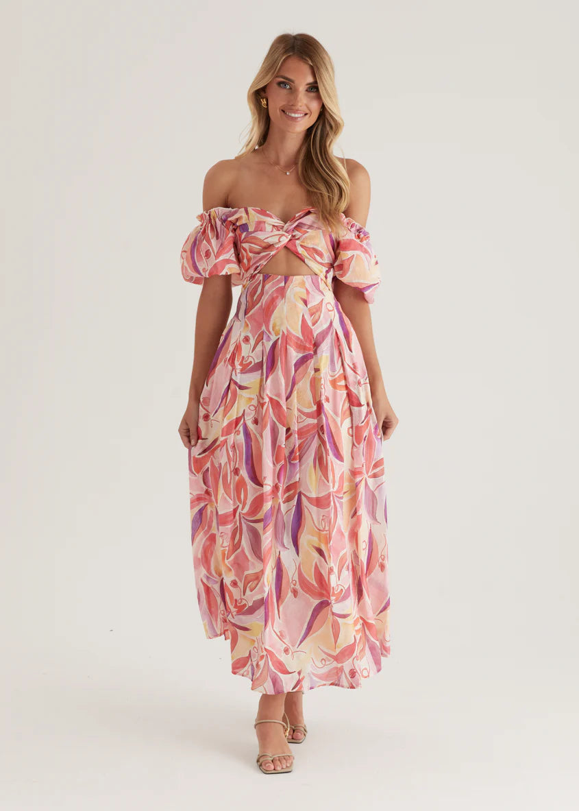Bolero Off Shoulder Maxi Dress - Pink Abstract