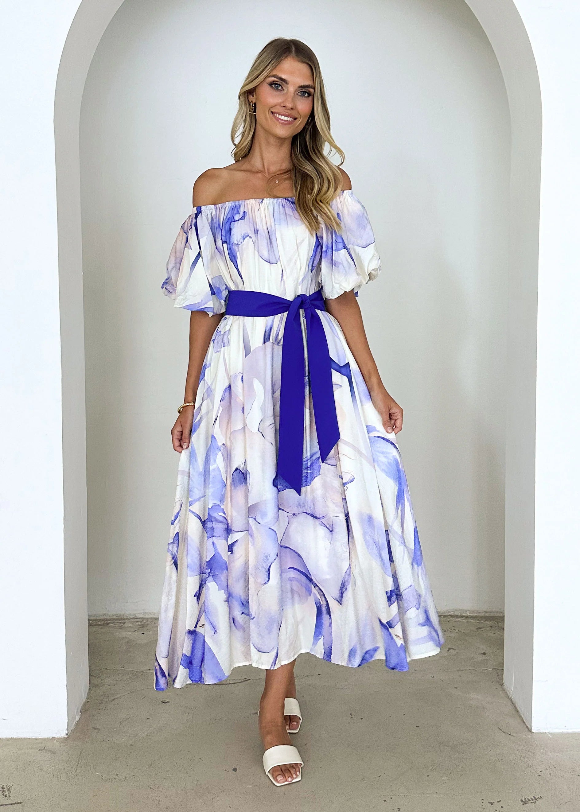 Reece Off Shoulder Midi Dress - Lapis Flame