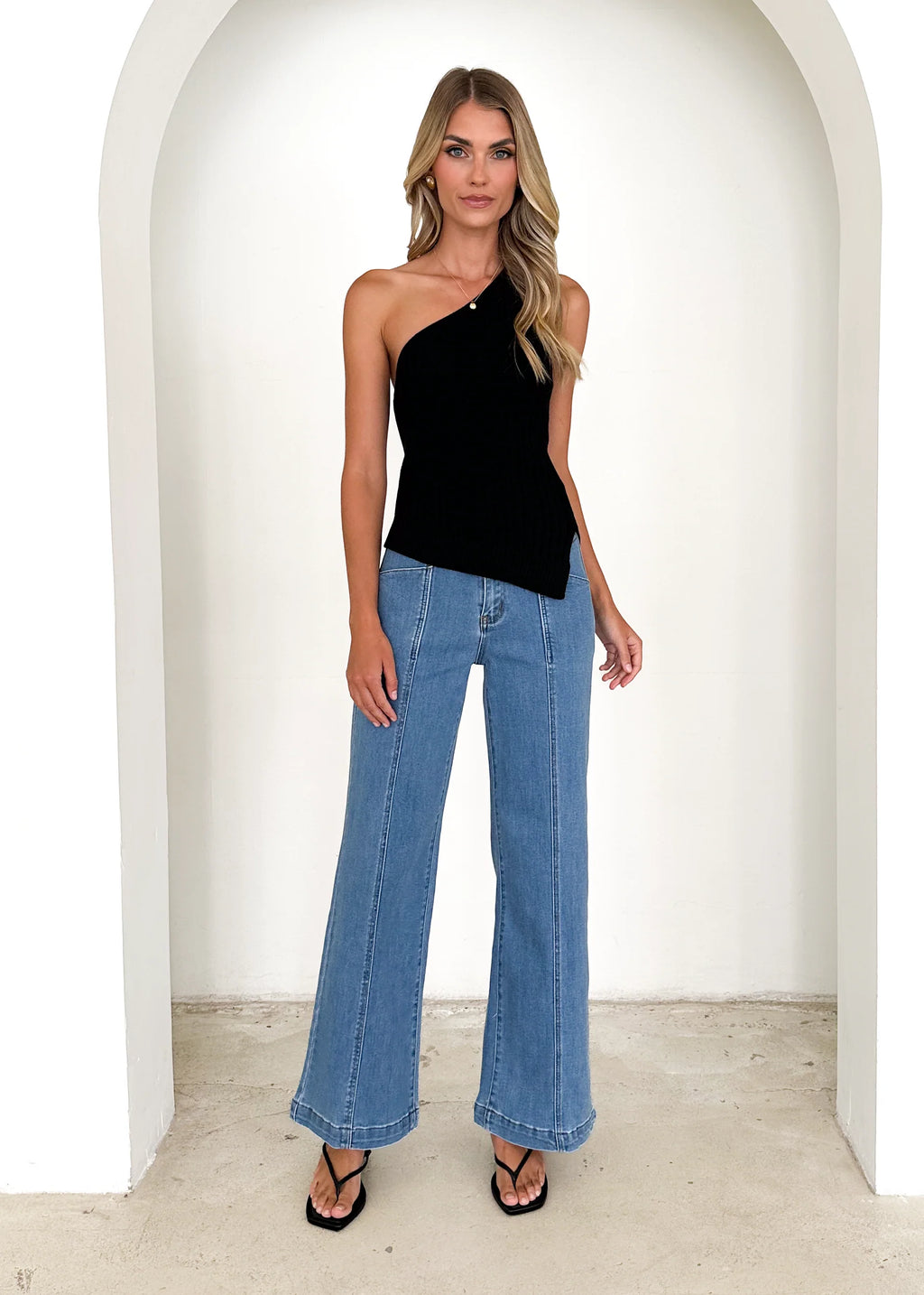 Natalee One Shoulder Knit Top - Black