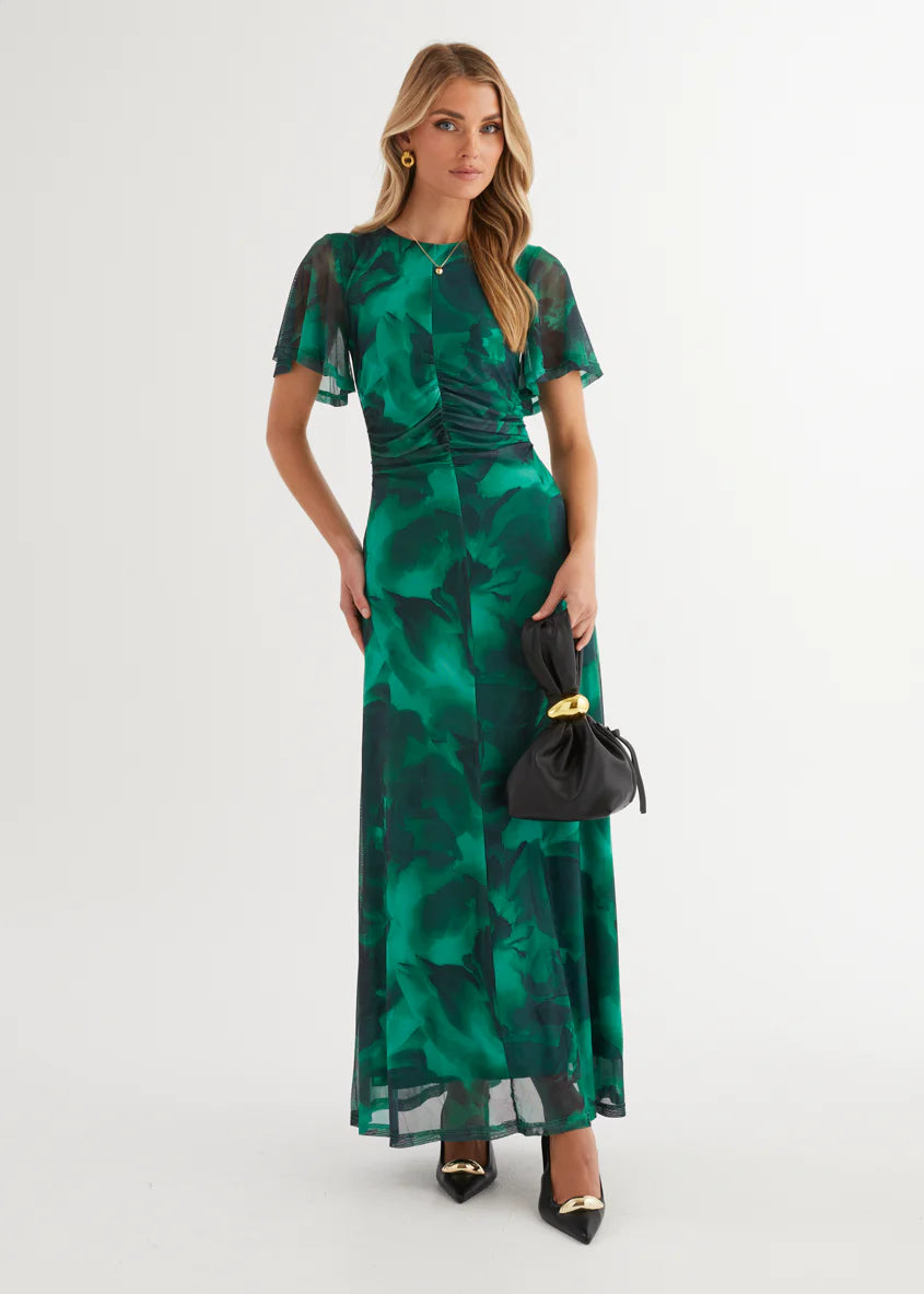 Ricki Mesh Midi Dress - Emerald Watercolour