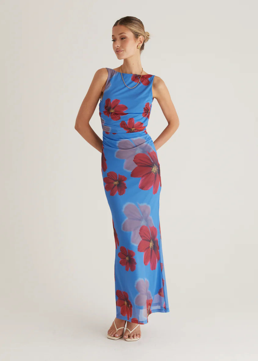 Rivka Mesh Maxi Dress - Blue Floral