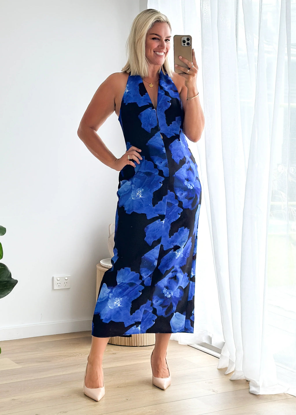 Tibetan Halter Maxi Dress - Blue Floral