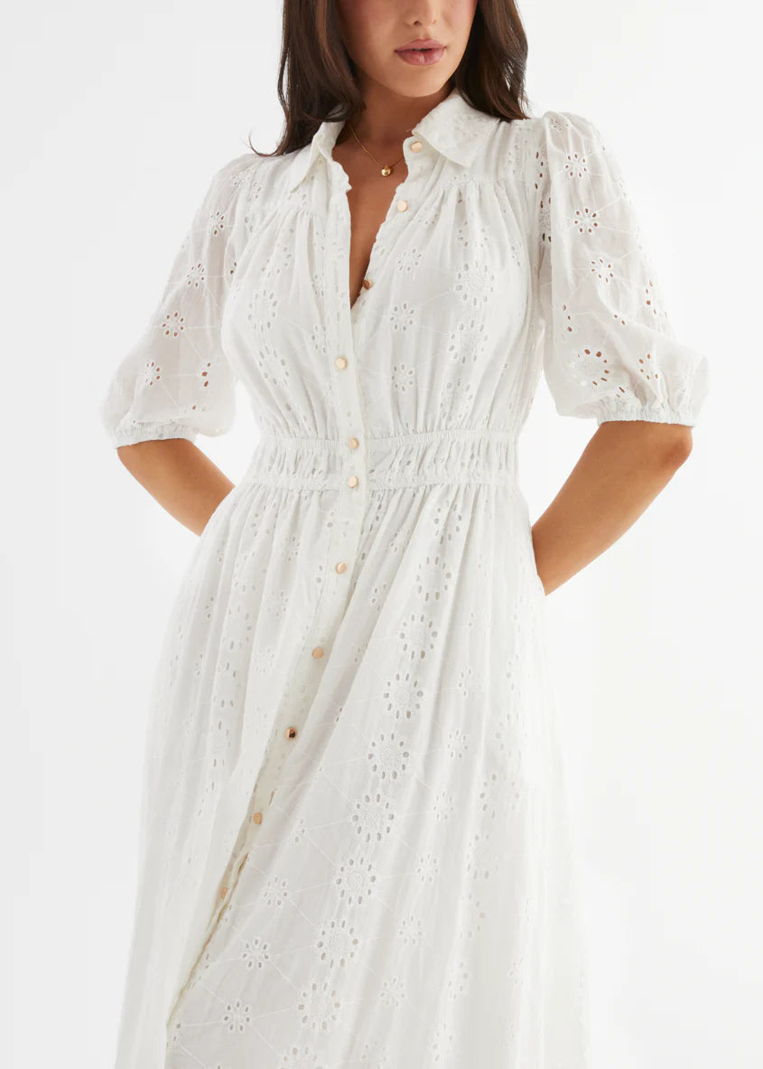 Eryn Midi Dress - White Anglaise