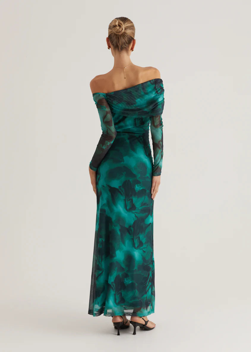 Nix Off Shoulder Maxi Dress - Emerald Watercolour