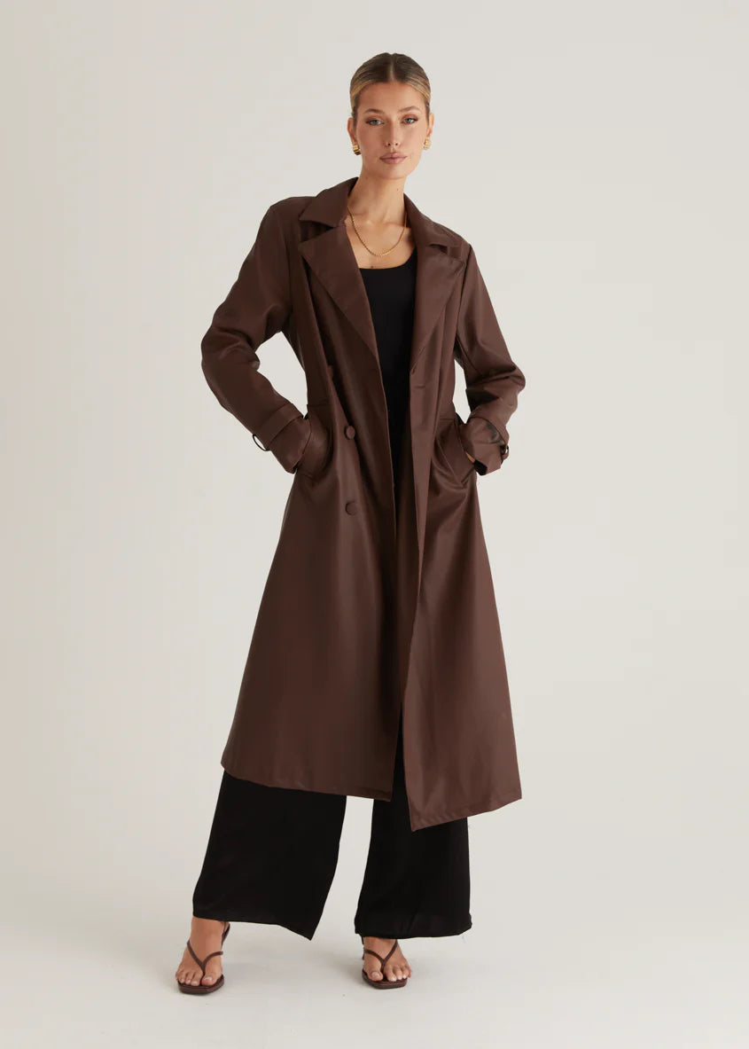 Chanti PU Trench Coat - Chocolate