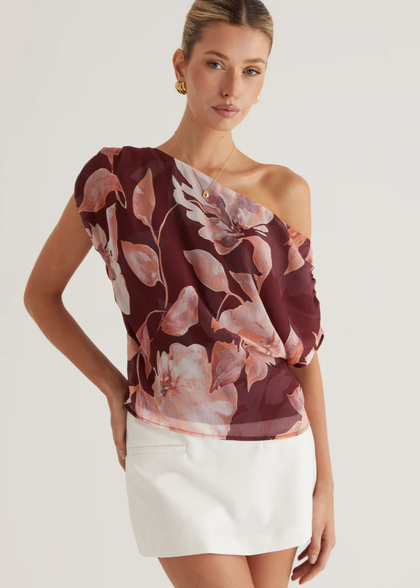 Tatum Off Shoulder Top - Burgundy Floral
