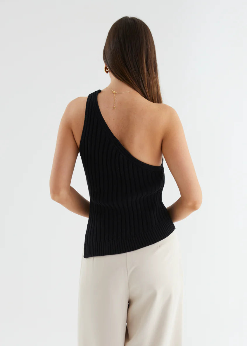 Natalee One Shoulder Knit Top - Black