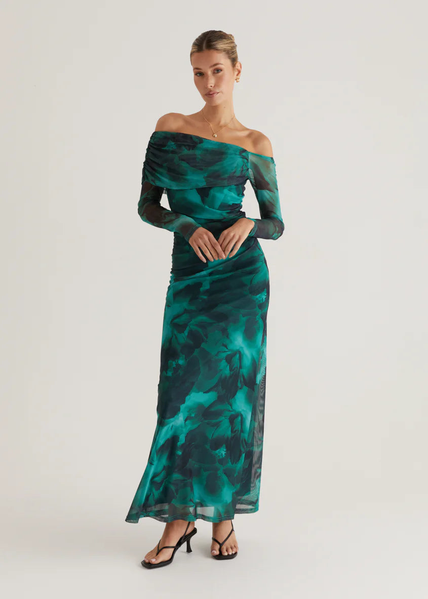 Nix Off Shoulder Maxi Dress - Emerald Watercolour