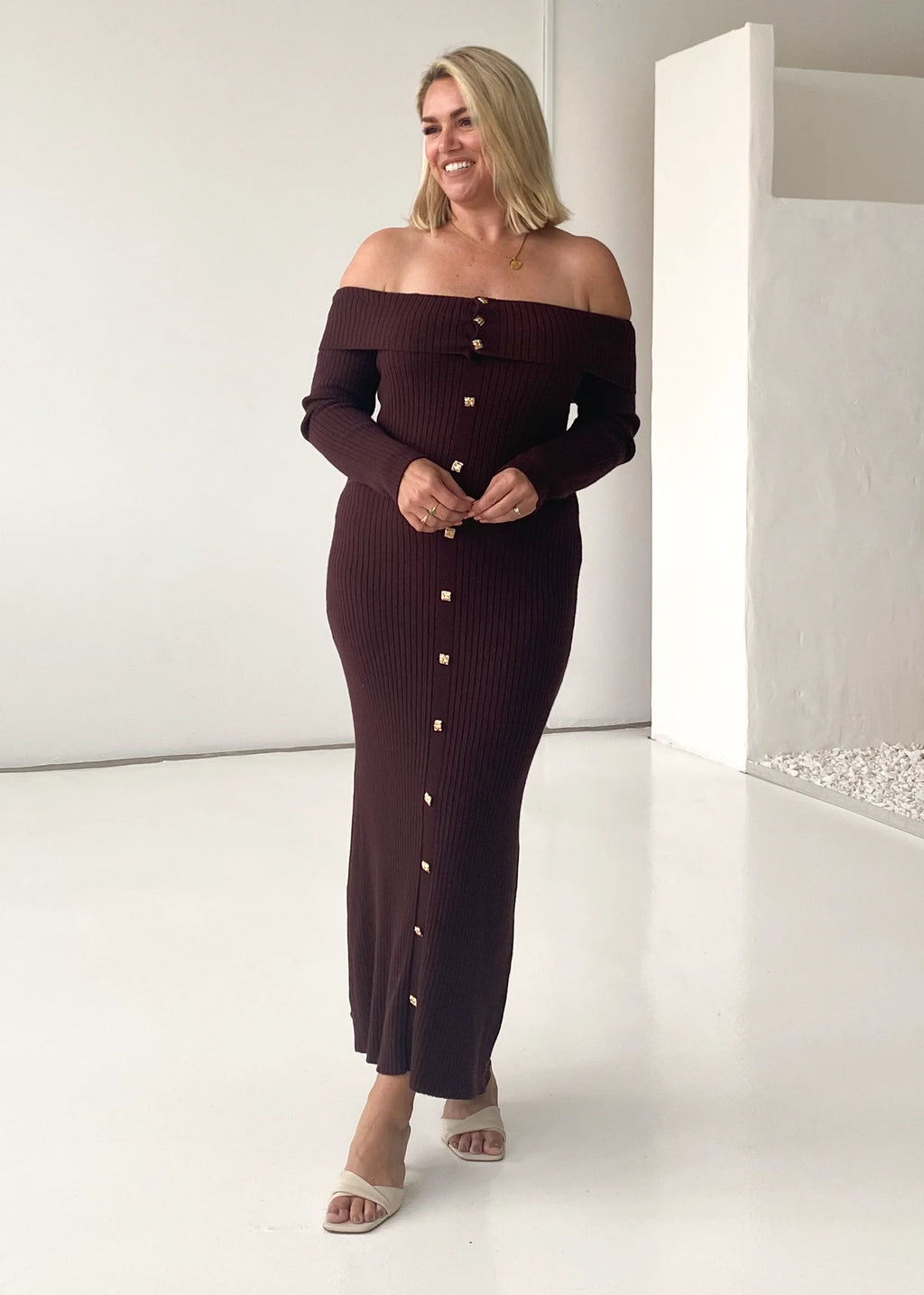 Aloe Off Shoulder Knit Maxi Dress - Chocolate