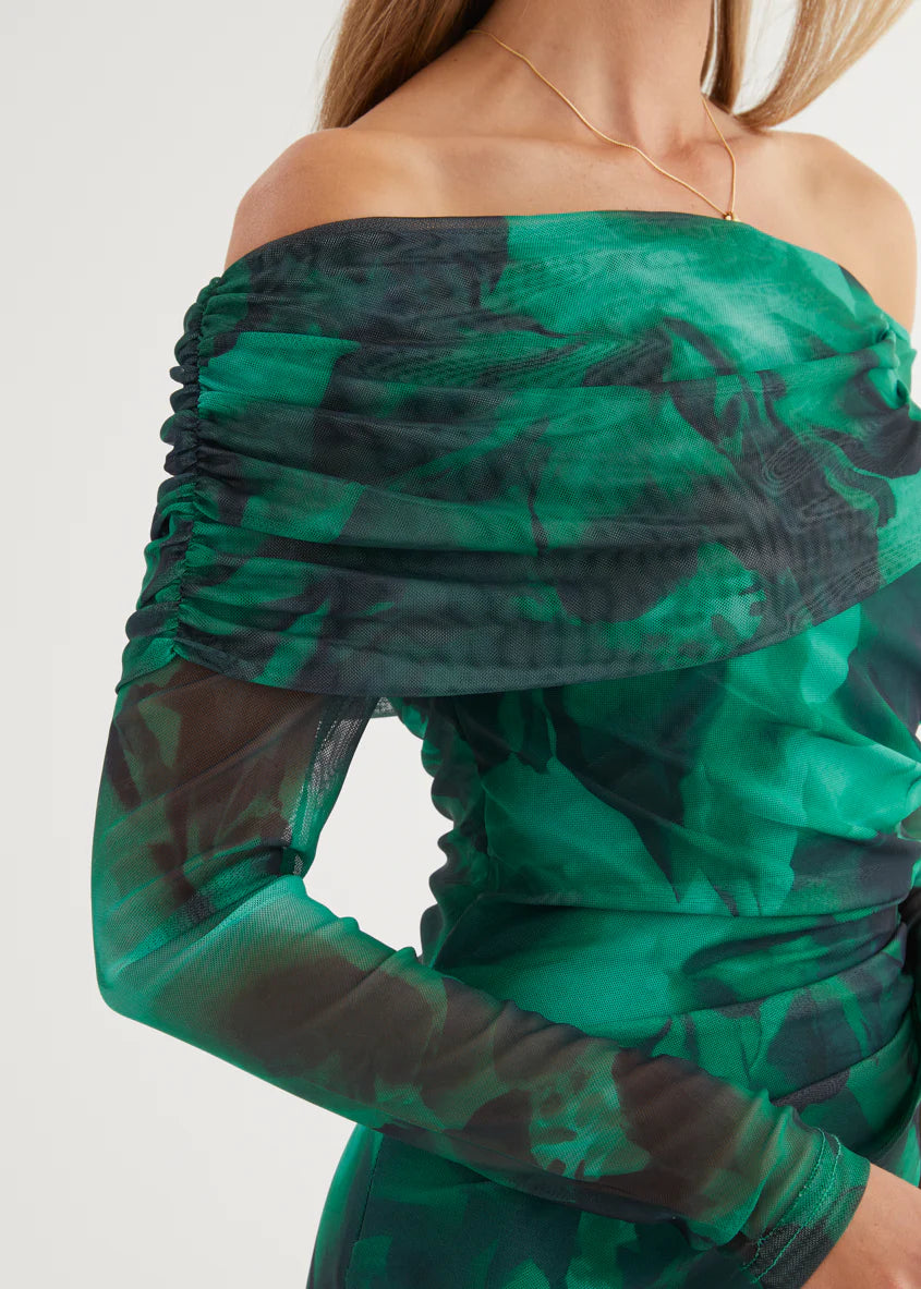 Nix Off Shoulder Maxi Dress - Emerald Watercolour