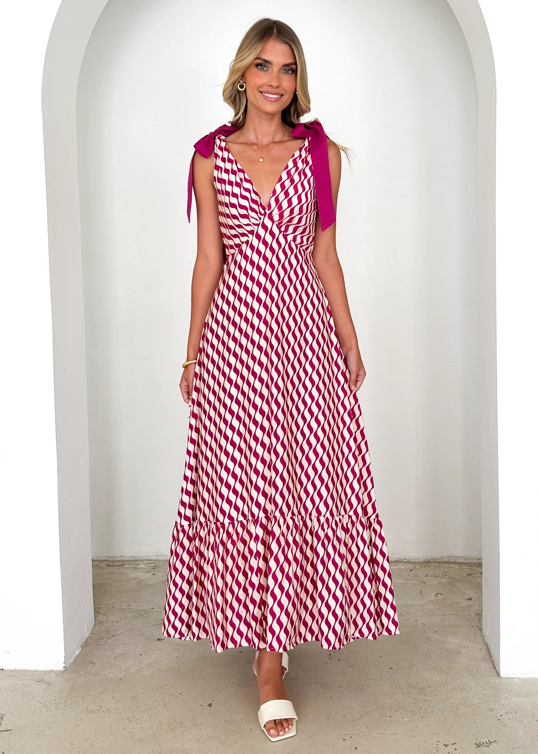 Havannah Tie Midi Dress - Magenta Wave