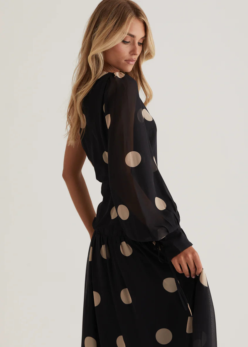Ella One Shoulder Maxi Dress - Black Polka