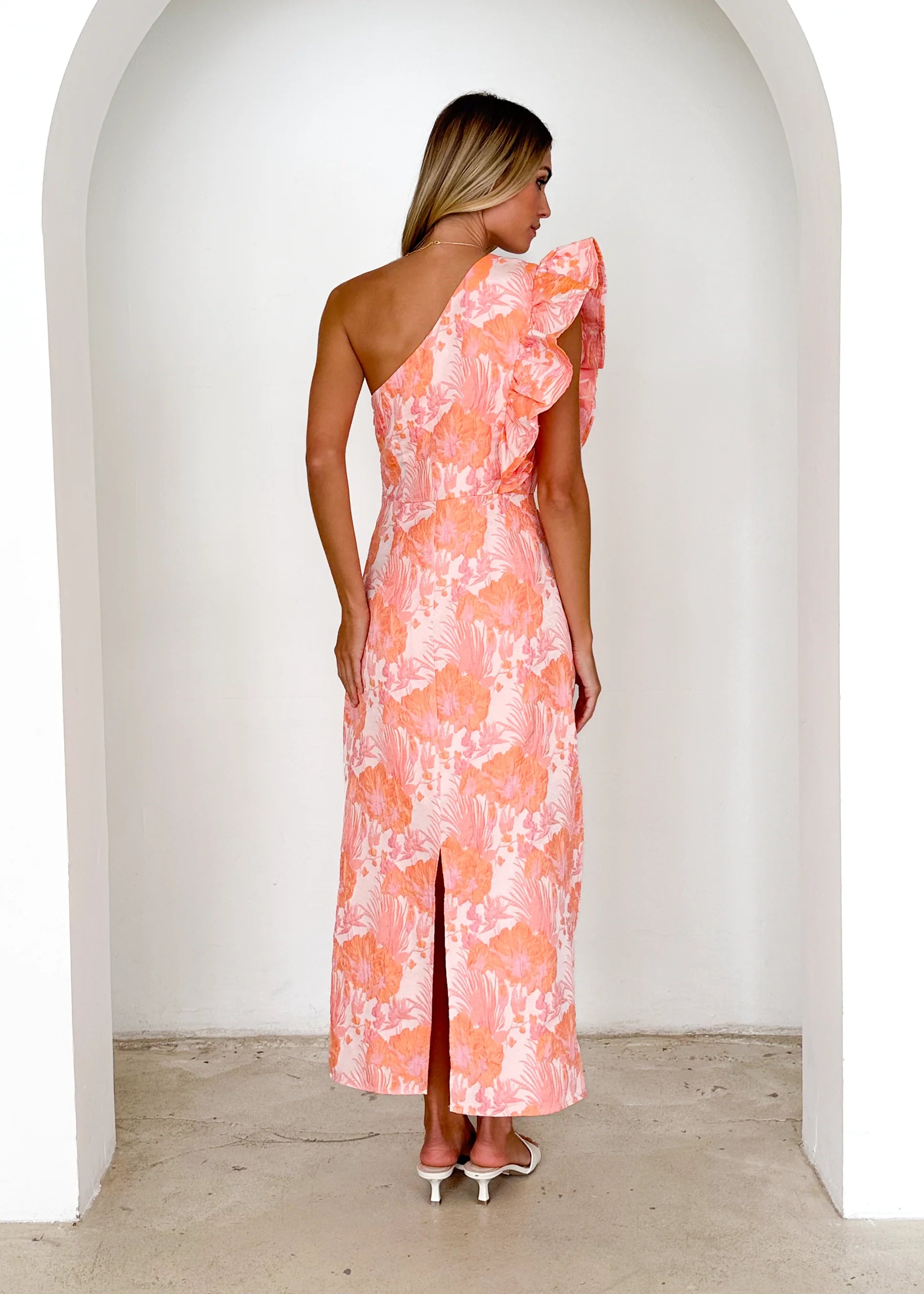 Lexus One Shoulder Midi Dress - Peach Jacquard