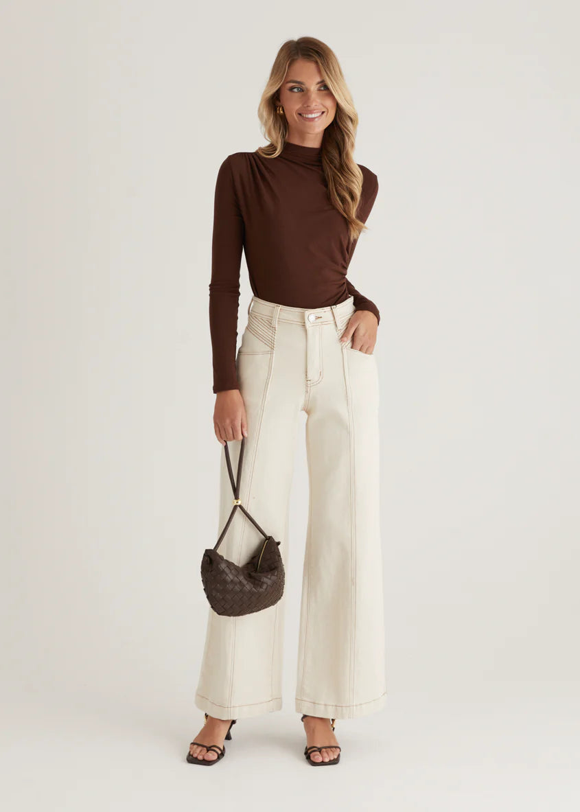 Jess Stretch Wide Leg Jeans - Sand