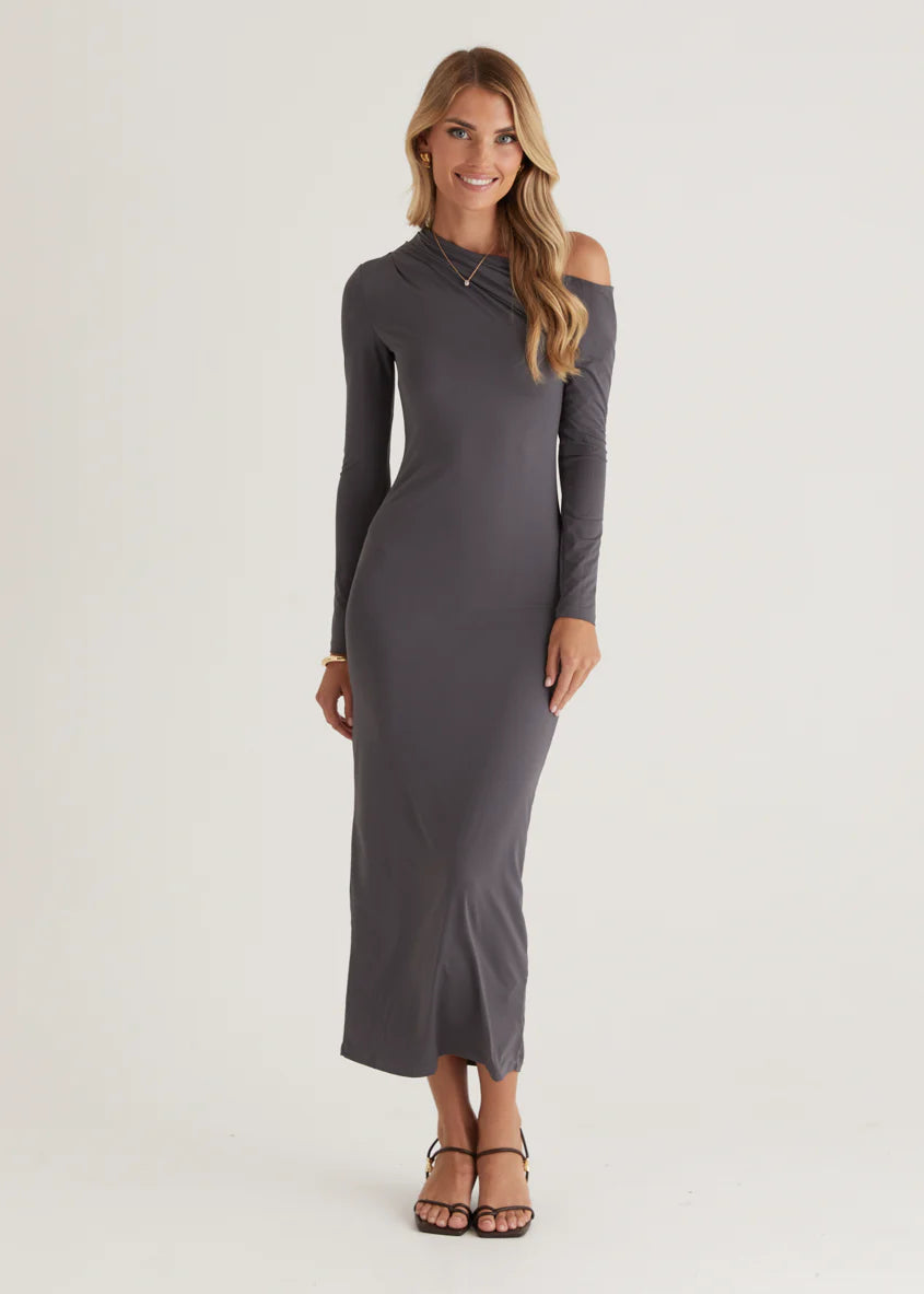 Dayla One Shoulder Midi Dress - Charcoal