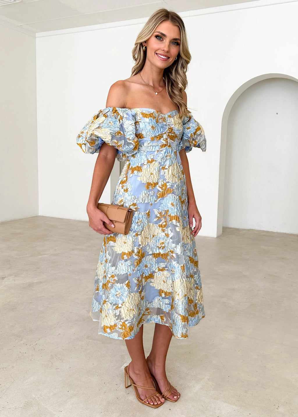 Tulliah Off Shoulder Midi Dress - Blue Jacquard