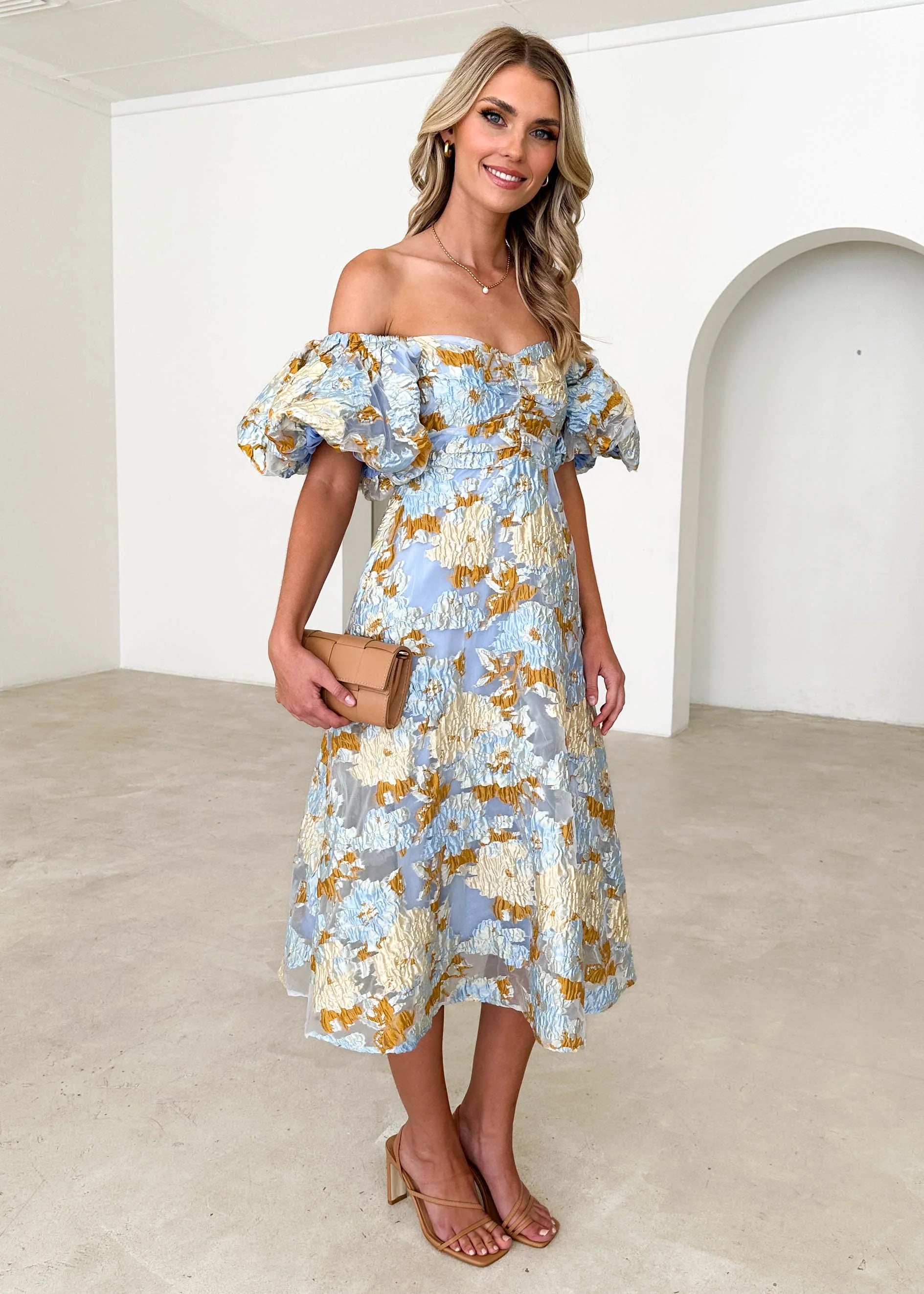 Tulliah Off Shoulder Midi Dress - Blue Jacquard