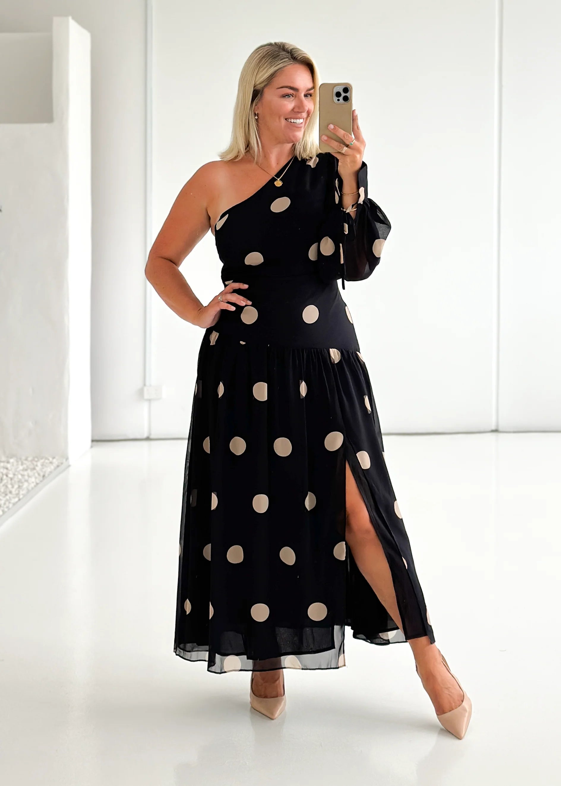 Ella One Shoulder Maxi Dress - Black Polka