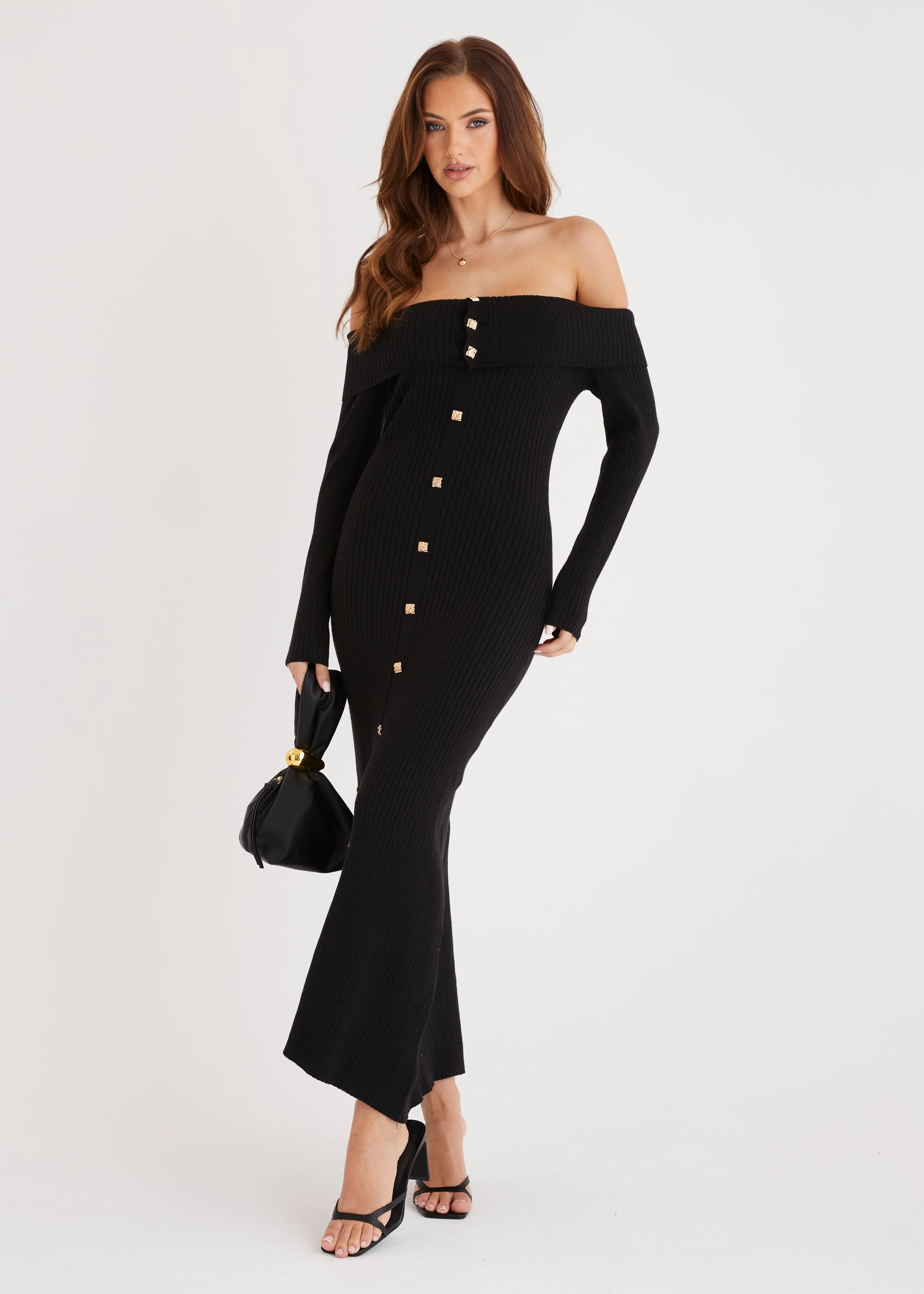 Aloe Off Shoulder Knit Maxi Dress - Black