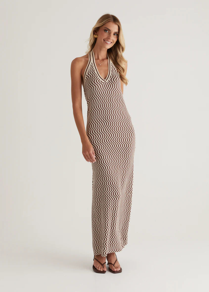 Lorelai Halter Knit Maxi Dress - Brown Swirl