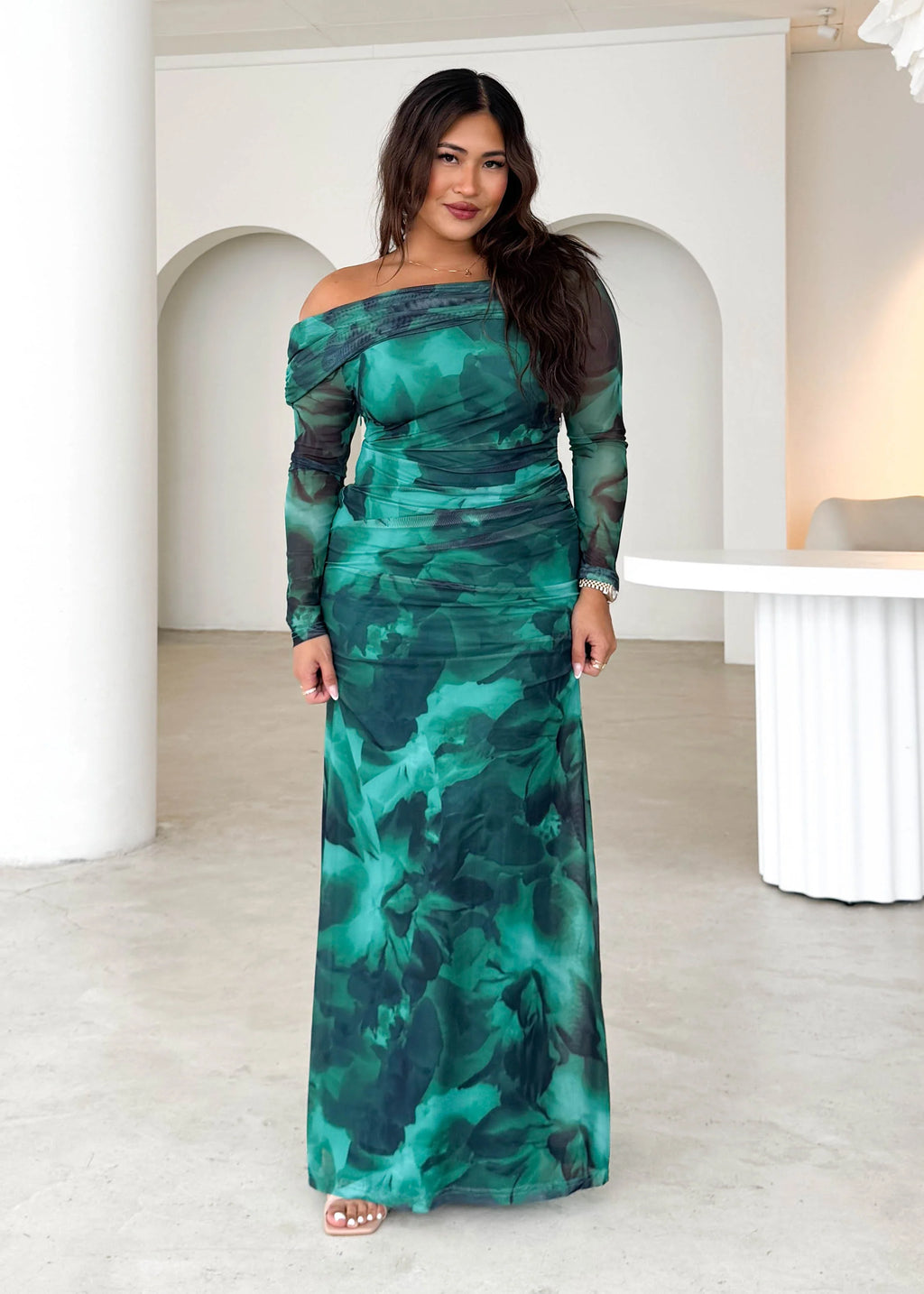 Nix Off Shoulder Maxi Dress - Emerald Watercolour