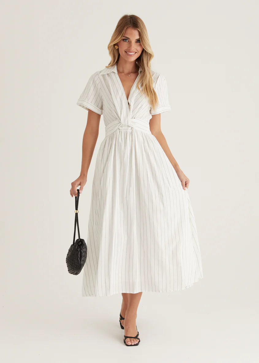 Santana Midi Dress - White Pinstripe