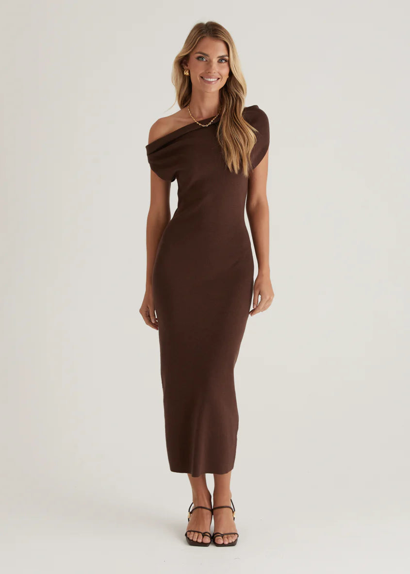 Mile Drop Shoulder Knit Midi Dress - Coffee