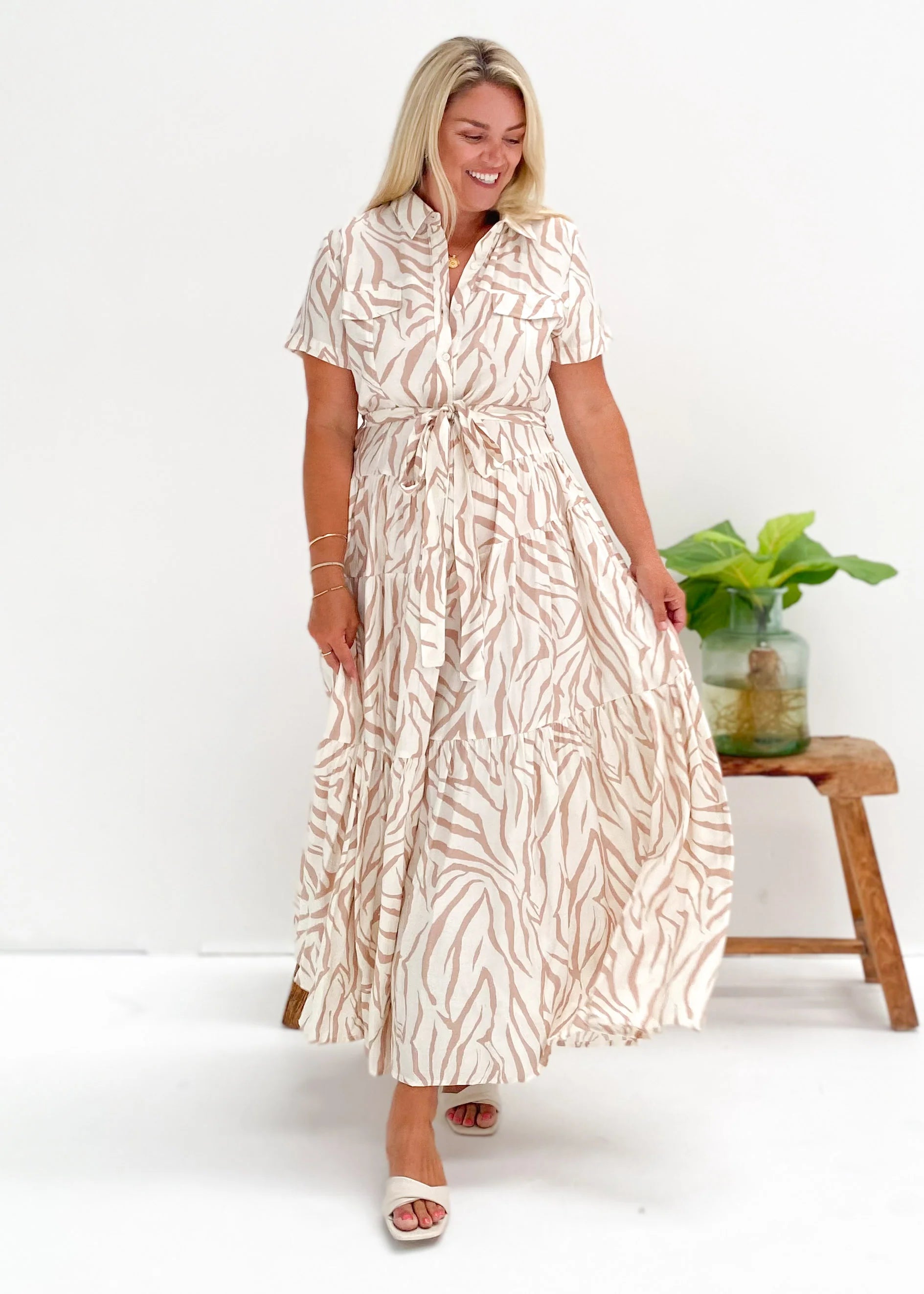 Reggie Midi Dress - Beige Zebra