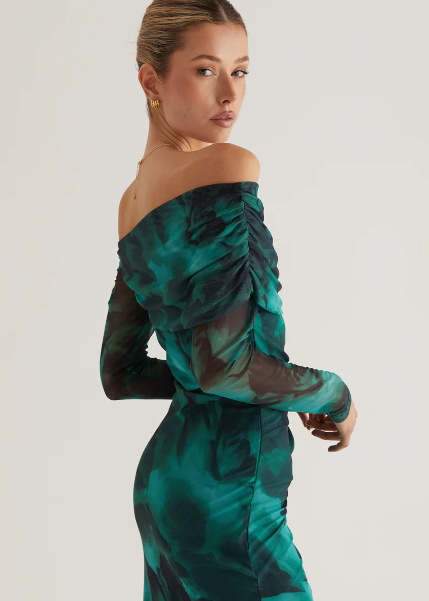 Nix Off Shoulder Maxi Dress - Emerald Watercolour