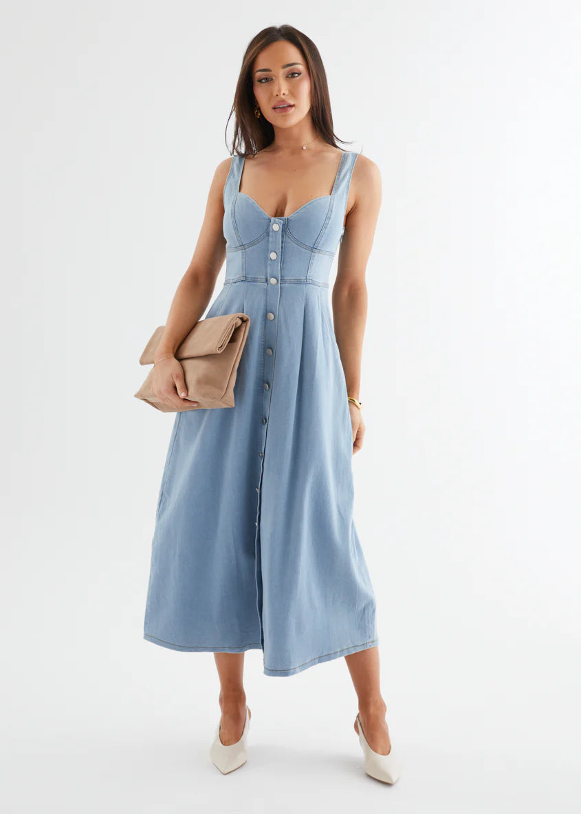 Deja Denim Midi Dress - Light Blue