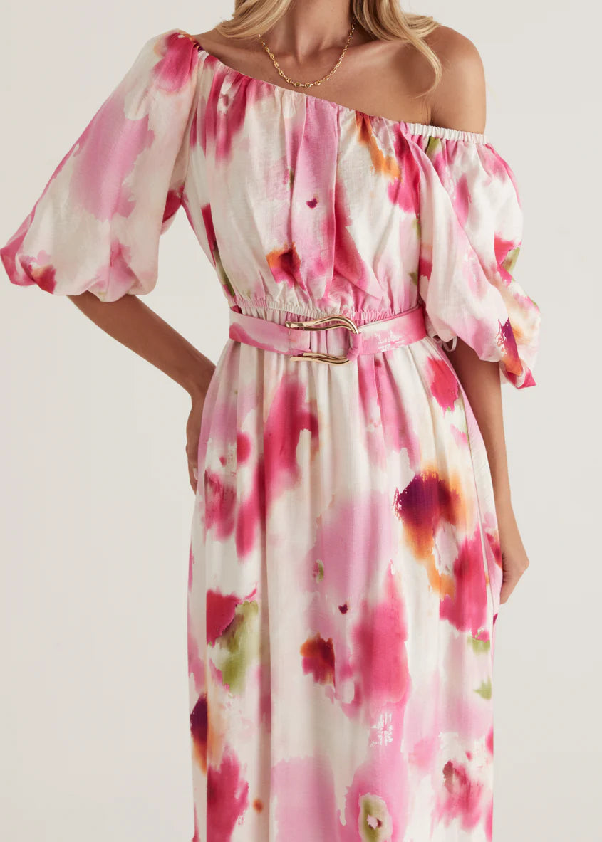 Halia Off Shoulder Midi Dress - Pink Watercolour