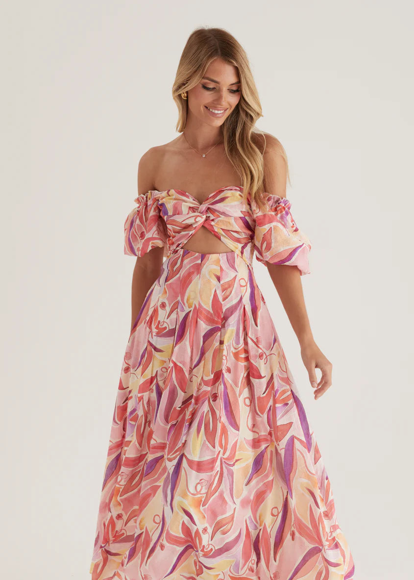 Bolero Off Shoulder Maxi Dress - Pink Abstract