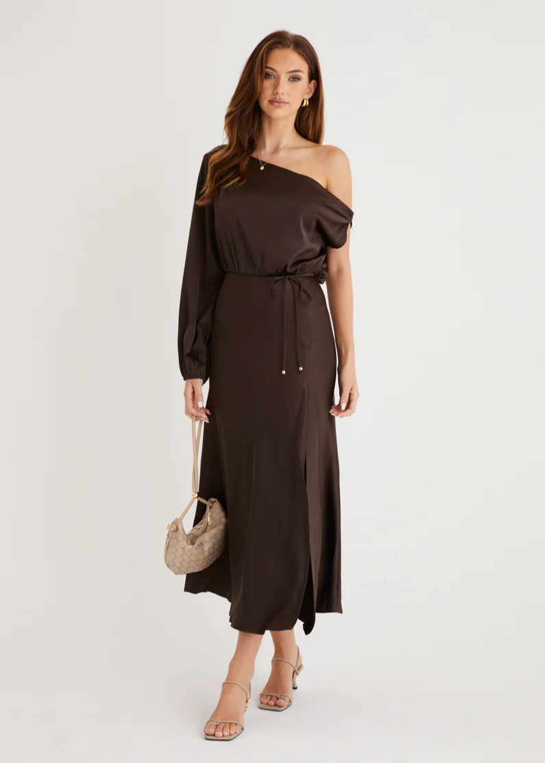 Skylah Drop Shoulder Midi Dress - Chocolate