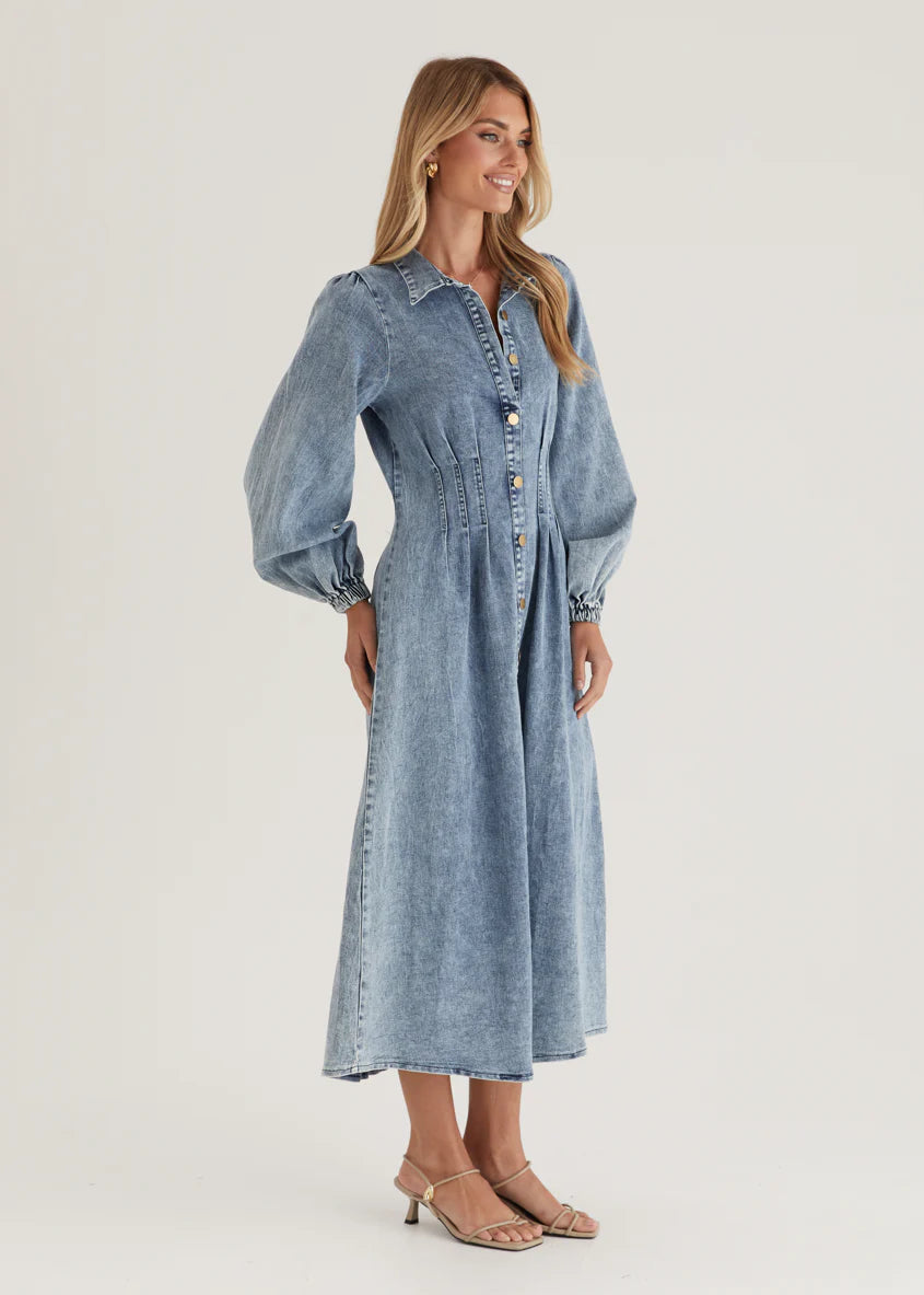 Karliat Denim Maxi Dress - Mid Blue