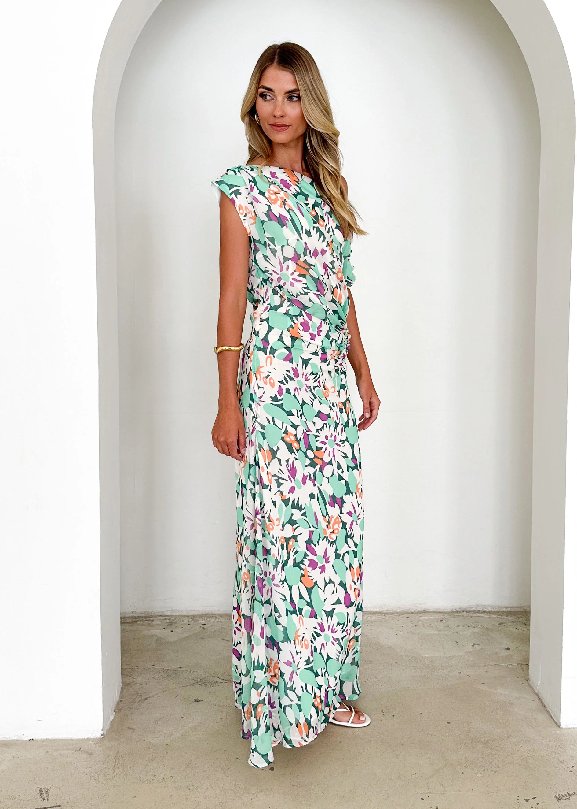 Helix Off Shoulder Midi Dress - Rio Green