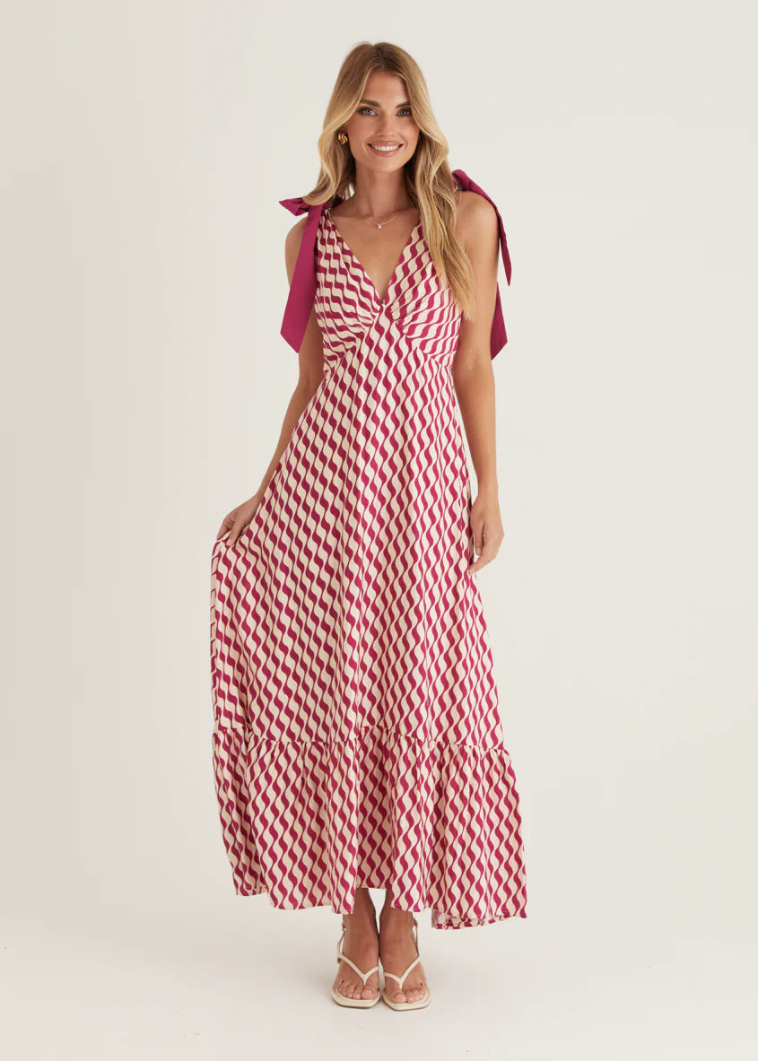 Havannah Tie Midi Dress - Magenta Wave
