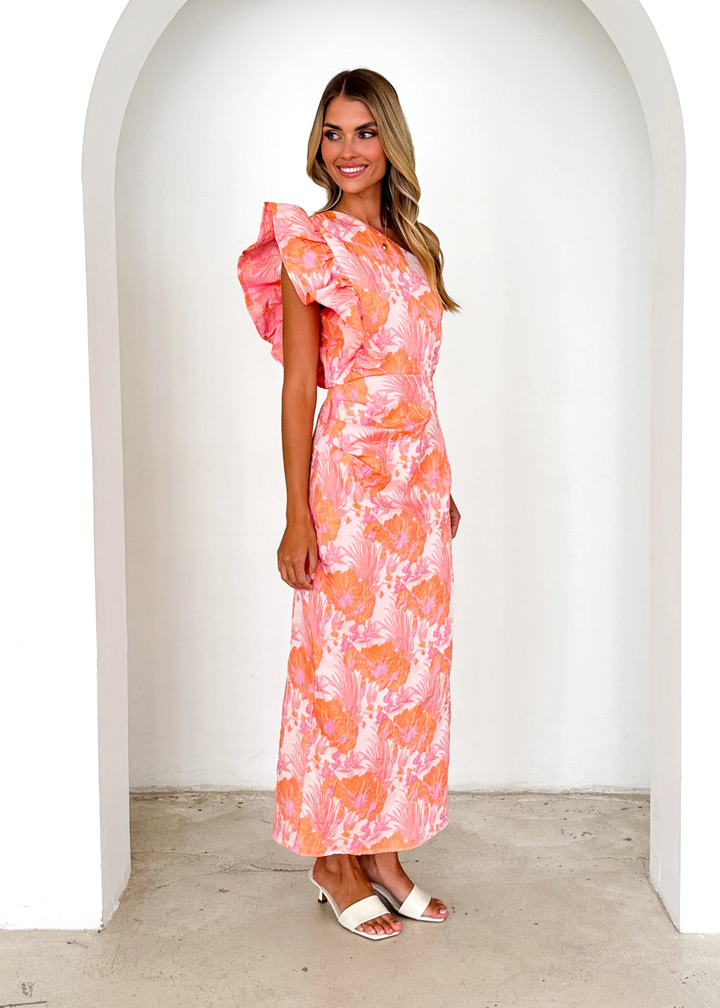 Lexus One Shoulder Midi Dress - Peach Jacquard