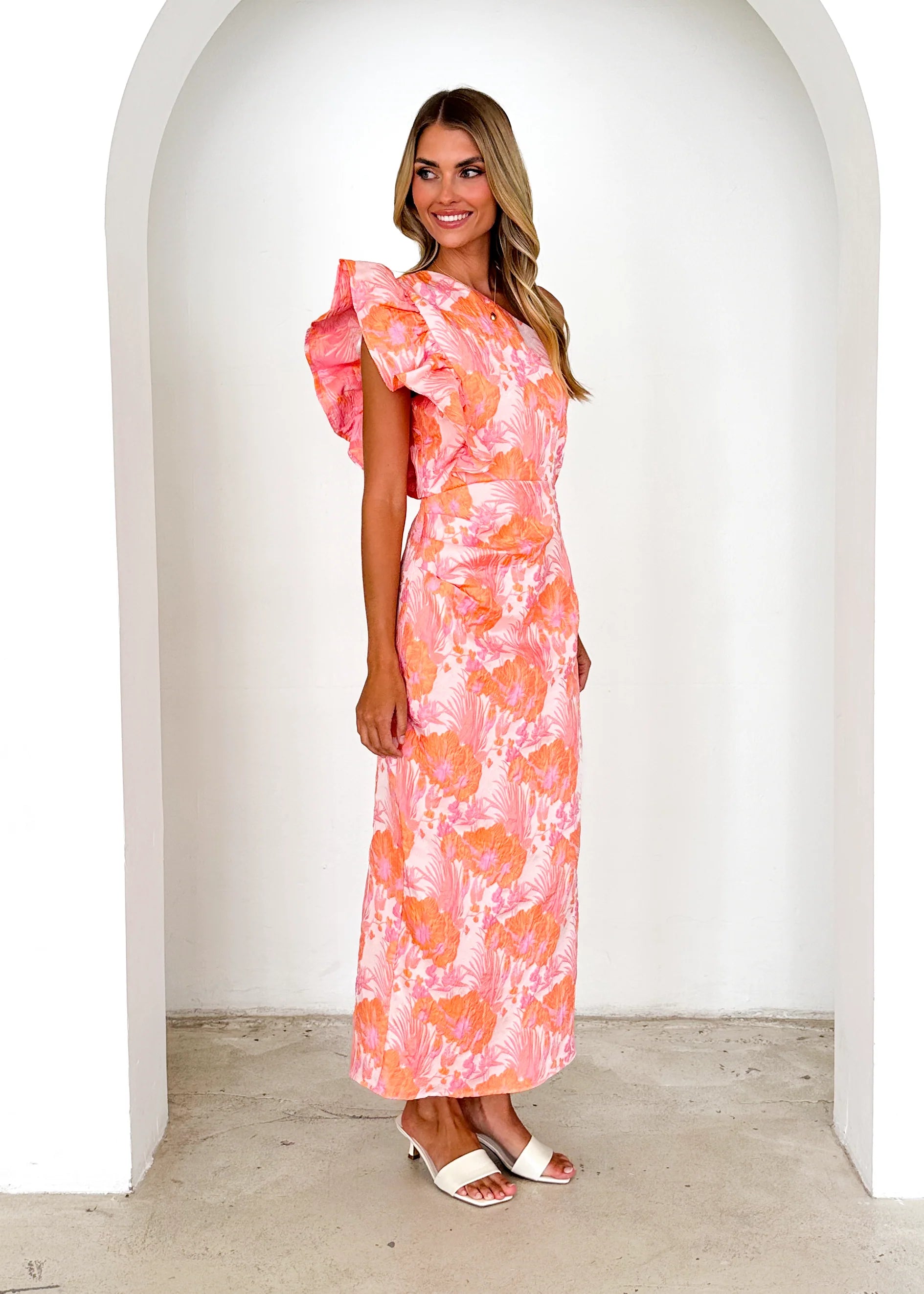 Lexus One Shoulder Midi Dress - Peach Jacquard