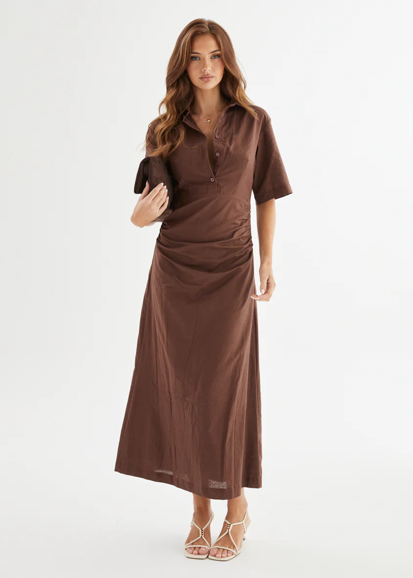 Stellar Linen Midi Dress - Espresso