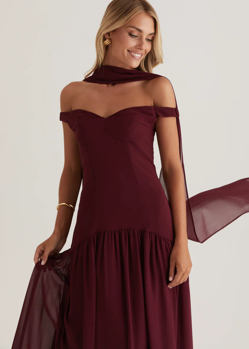 Kirah Off Shoulder Maxi Dress - Wine