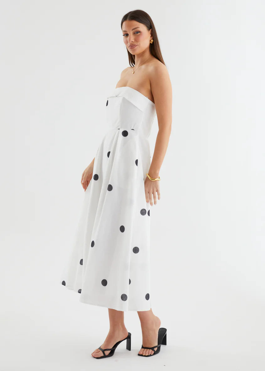 Charlee Strapless Midi Dress - White Polka