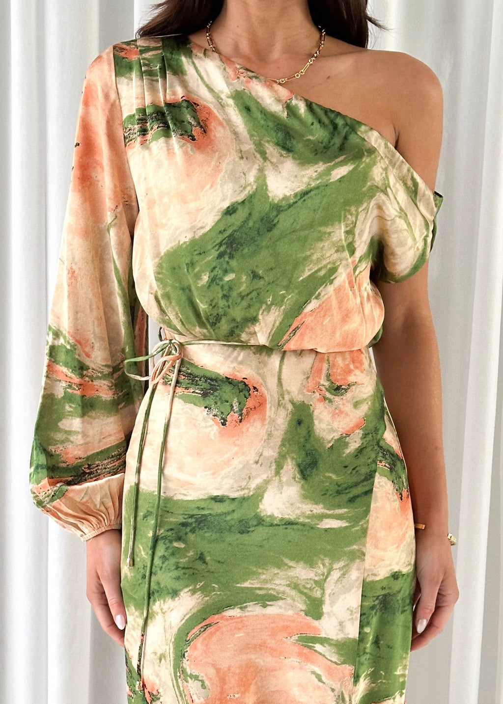 Elanor One Shoulder Midi Dress - Green Splash