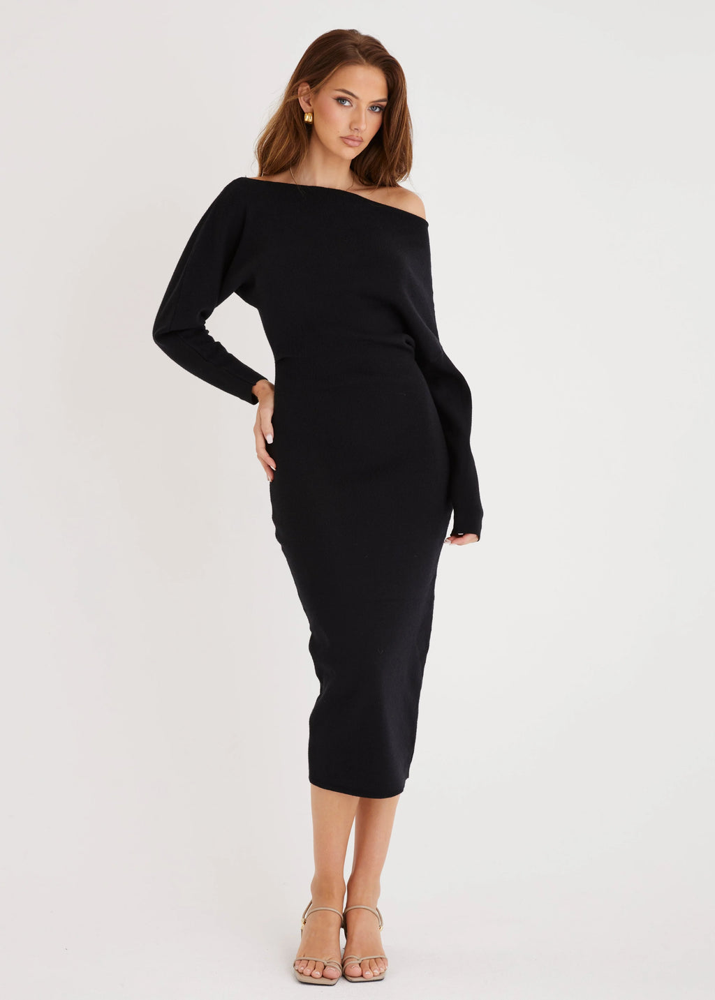 Milena Drop Shoulder Knit Midi Dress - Black