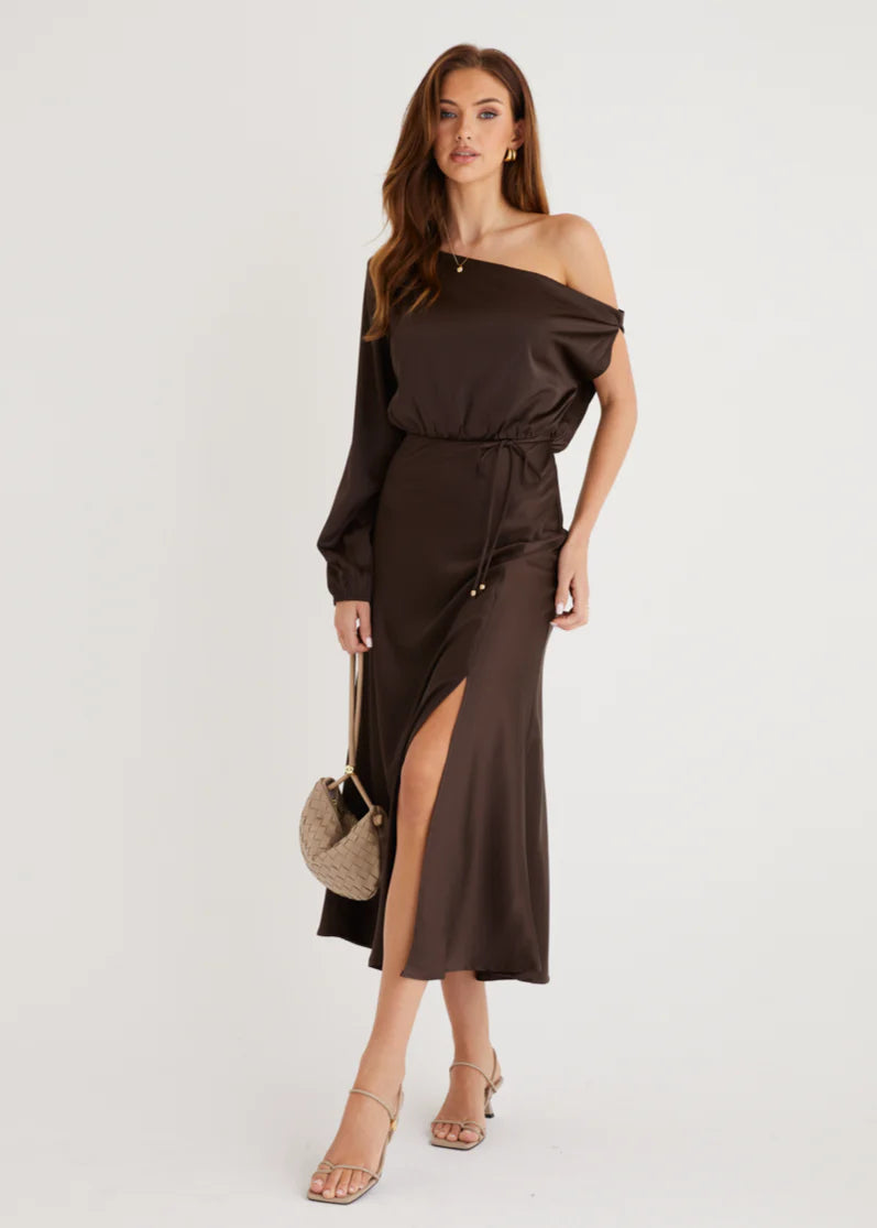 Skylah Drop Shoulder Midi Dress - Chocolate