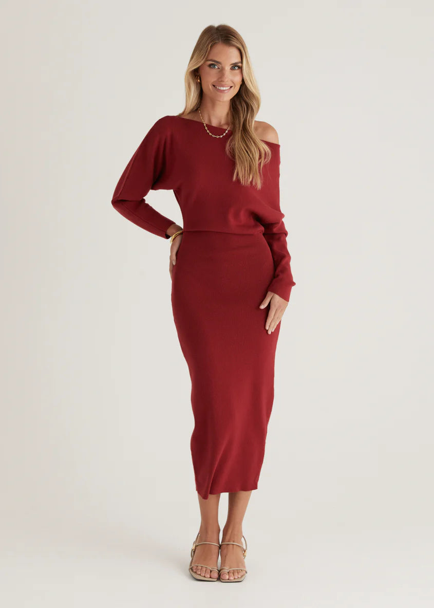 Milena Drop Shoulder Knit Midi Dress - Wine